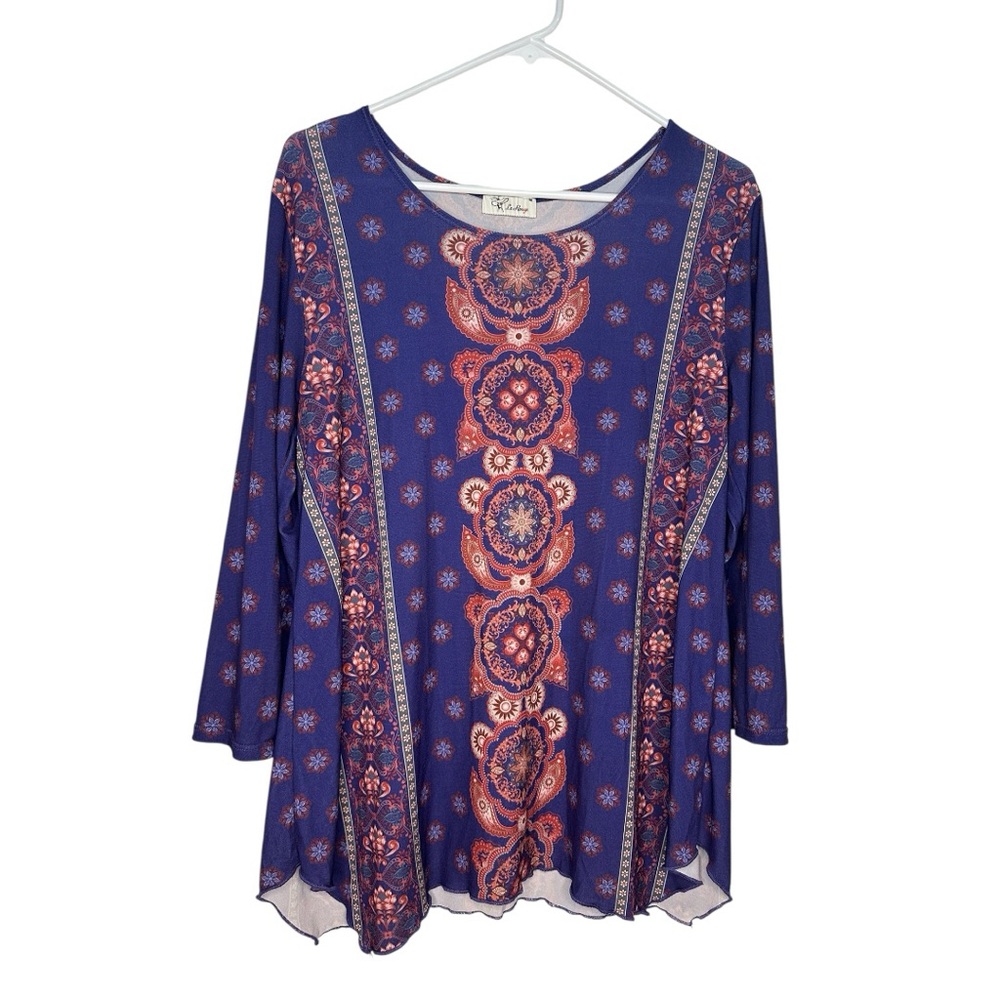 La Rouge Purple Boho Top Womens 3/4 sleeve Paisley Medalian size M Medium